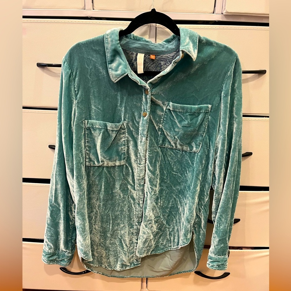 Anthropologie Pilcro Teal Velvet Button Up